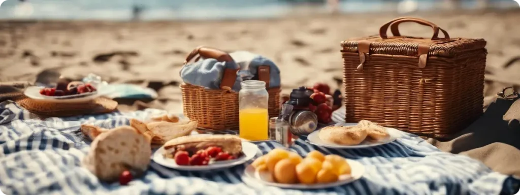 Couples picnic food at a beach spread out on a picnic blanket