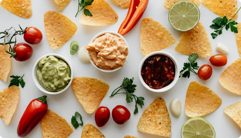 Finger food for party: guacamole with tortilla chips